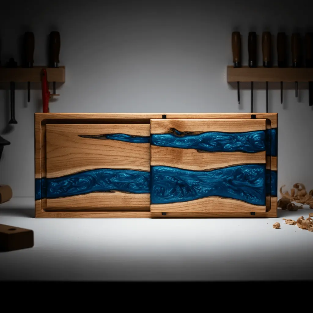Warm-lit custom kitchen workshop with dark wood cabinetry, dim industrial lighting